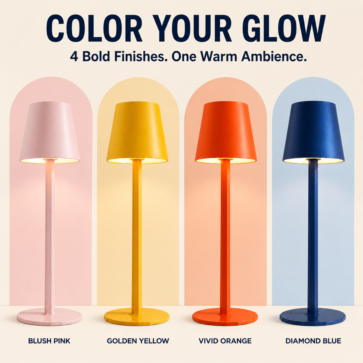 Four DISLUNA HUEZEL cordless table lamp colors: blush pink, golden yellow, vivid orange and diamond blue