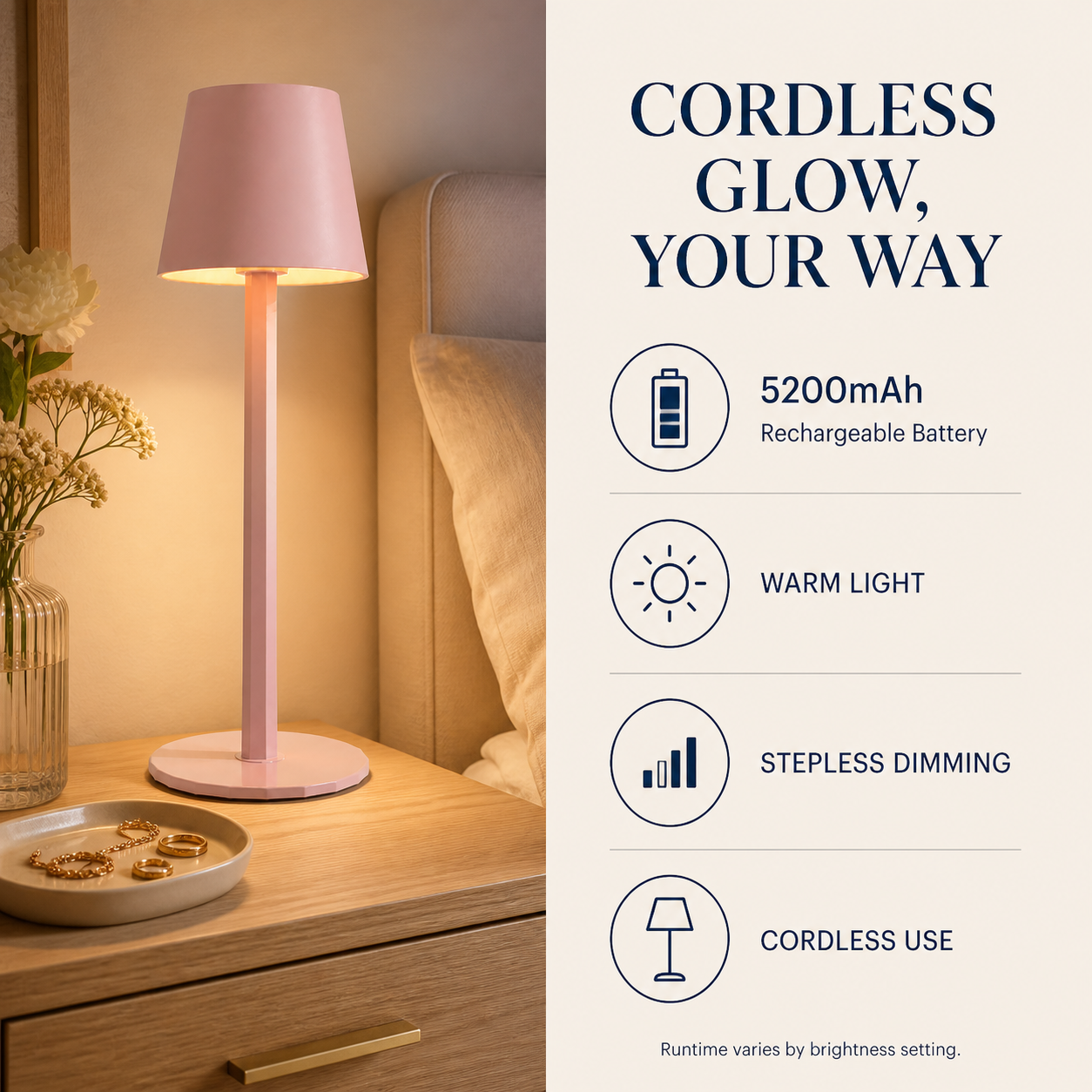 HUEZEL cordless table lamp feature overview with 5200mAh reference battery, warm light and stepless dimming
