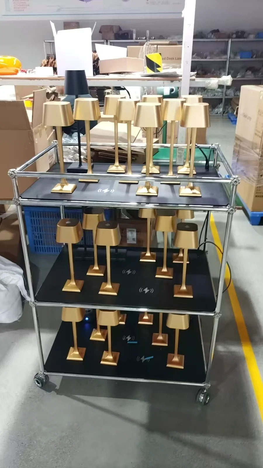 Front view of the restaurant lamp charging trolley on casters