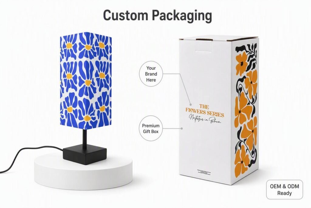 Fabric shade table lamp shown with its retail color box packaging