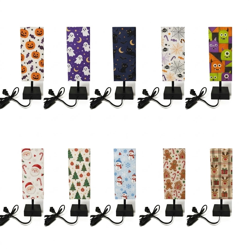 Ten Halloween and Christmas fabric-shade plug-in table lamp designs