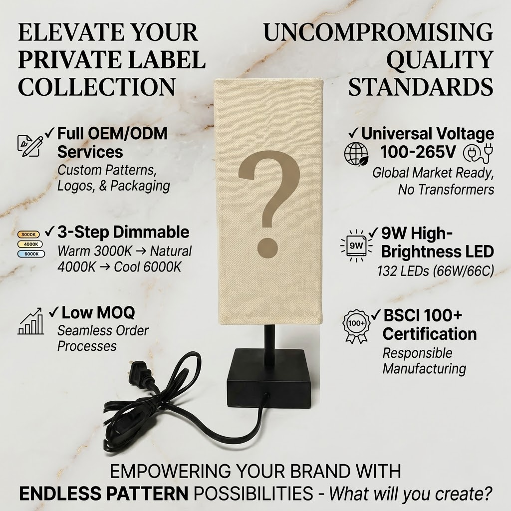 Private-label holiday fabric table lamp packaging and assortment concept