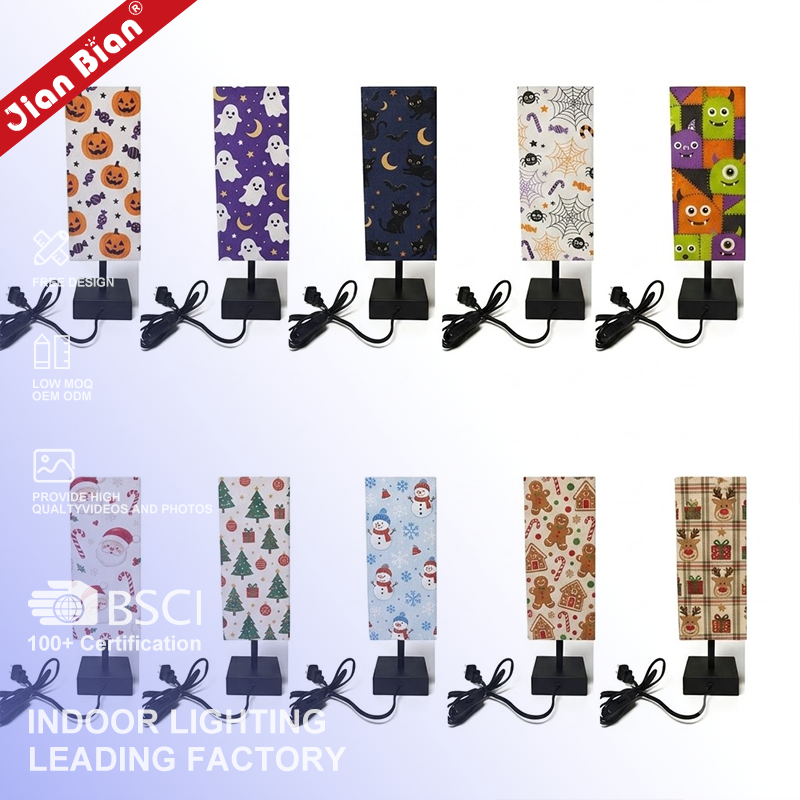 Seasonal fabric-shade table lamp assortment for retail and hospitality