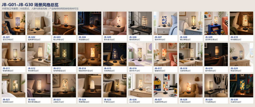 Thirty fabric shade table lamp concepts for different audiences, styles and room scenes