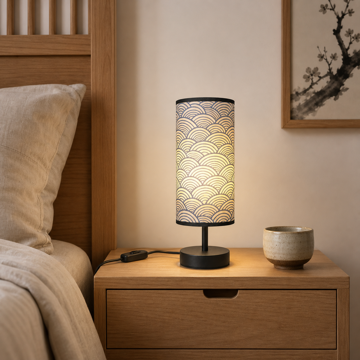 Indigo Seigaiha Japanese Table Lamp shown in Japanese-inspired bedroom, tea corner and hotel nightstand