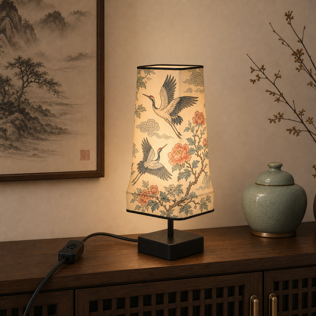 Modern Chinese Crane and Cloud Lamp