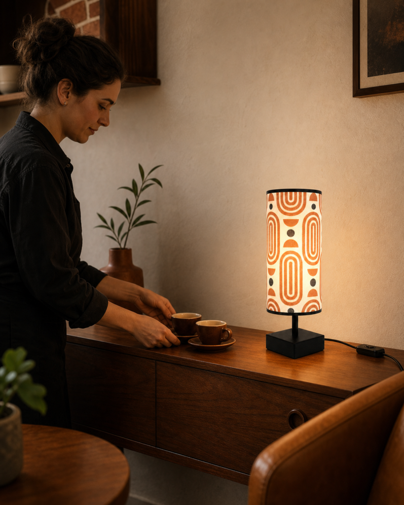 Person installing and arranging a fabric shade table lamp in a home interior