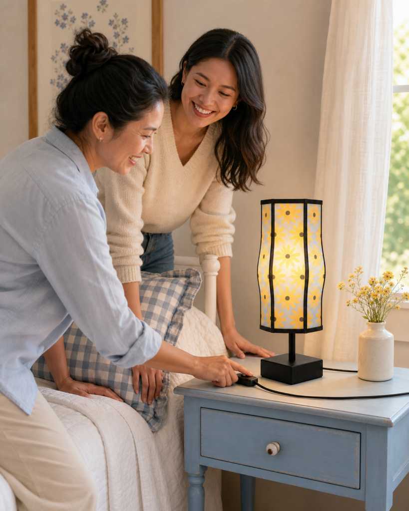 Friends using decorative fabric shade table lamps in a warm social setting