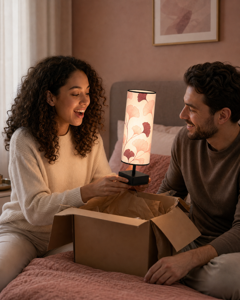 U.S. customers unboxing and styling a Jian Bian fabric shade table lamp