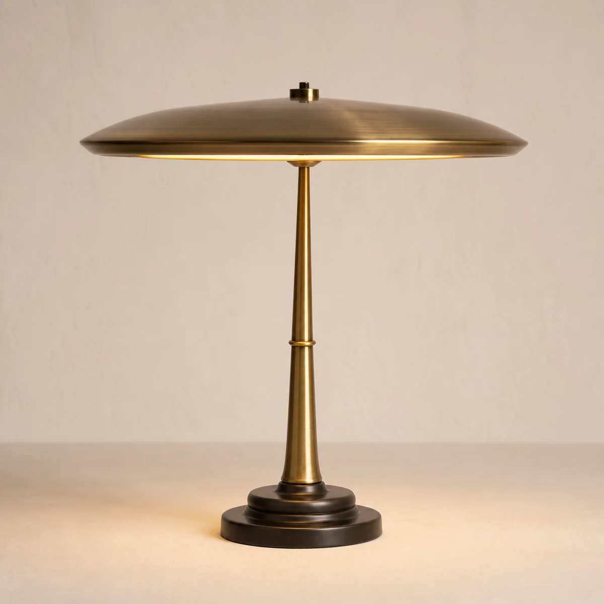 Halo Rib brass dome table lamp concept with a tapered stem and dark stepped base
