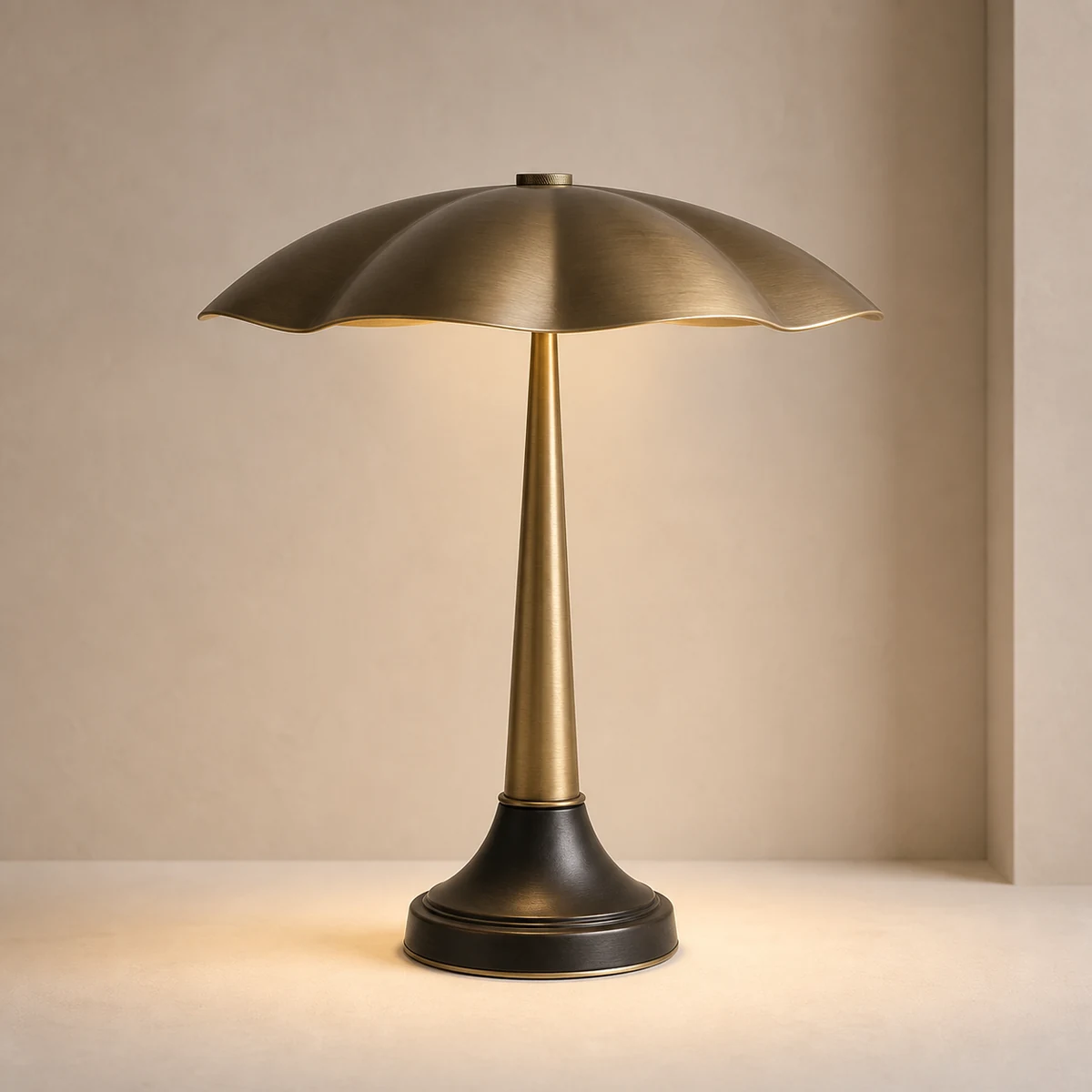 Petal Disc sculptural table lamp concept with a folded petal canopy and dark stepped base