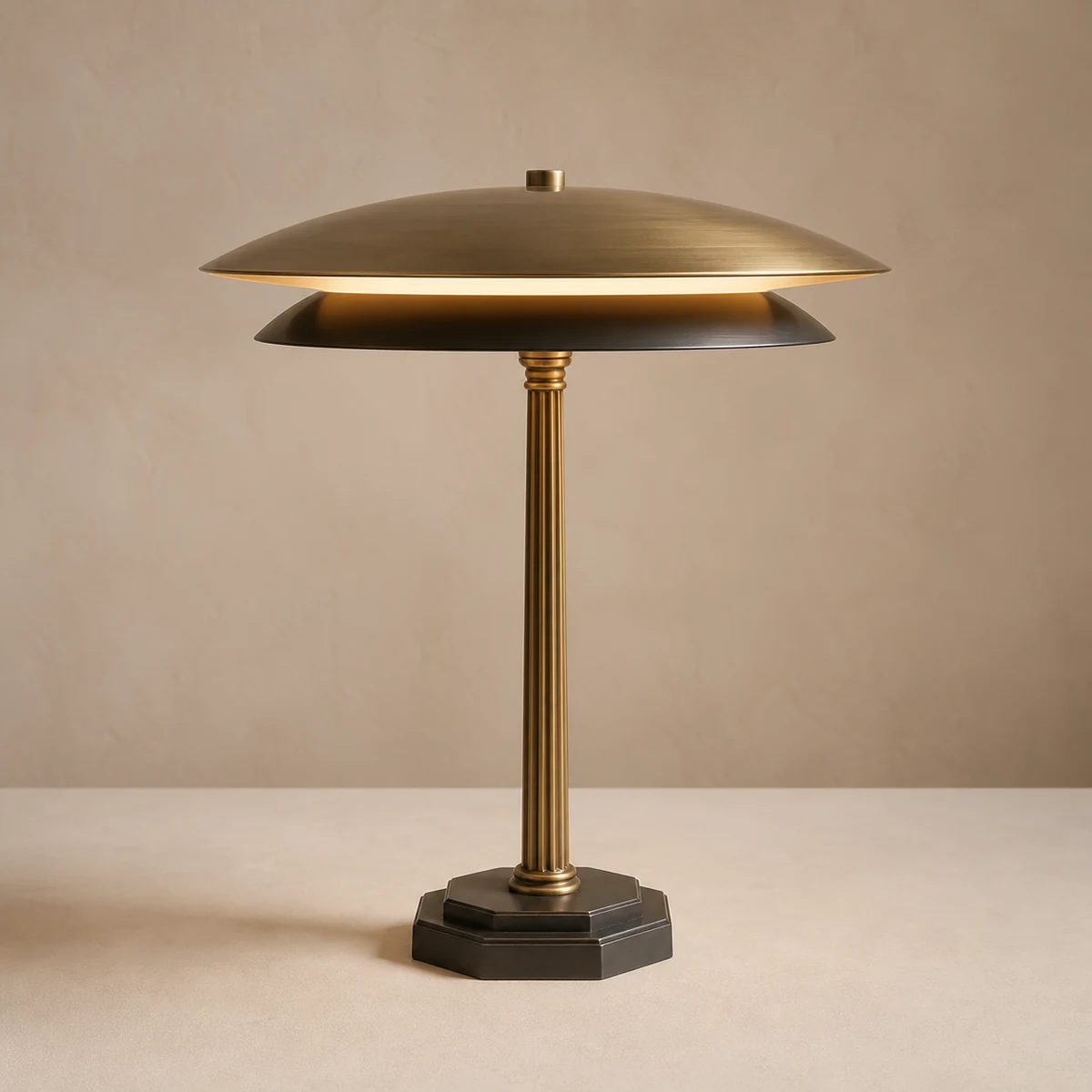 Eclipse Twin table lamp concept with two offset brass discs and a geometric dark base