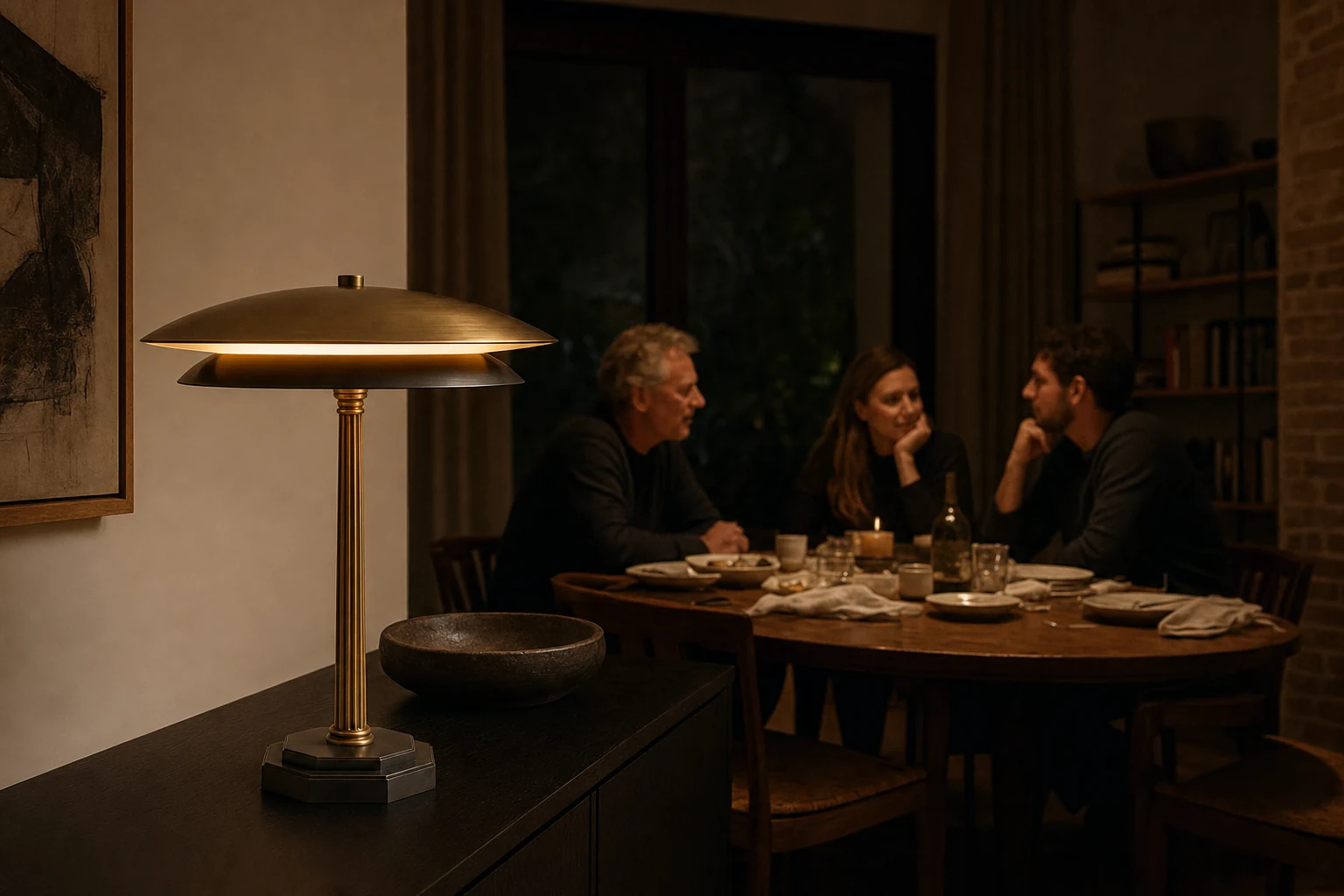 Family lingering after dinner with the illuminated Eclipse Twin layered brass table lamp in the foreground