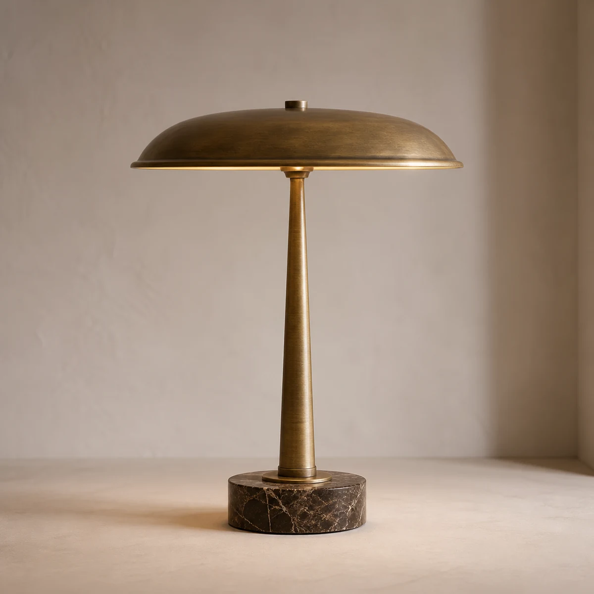 Stone Bell table lamp concept with a low brass shade, tapered stem, and dark stone base