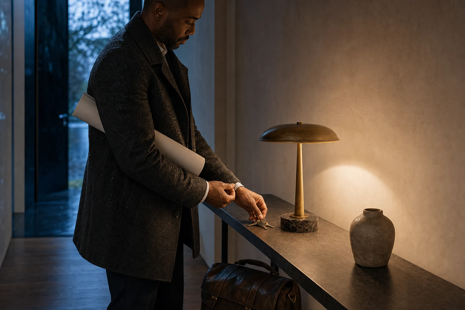 Architect placing keys on an entry console beside the illuminated Stone Bell brass and stone table lamp