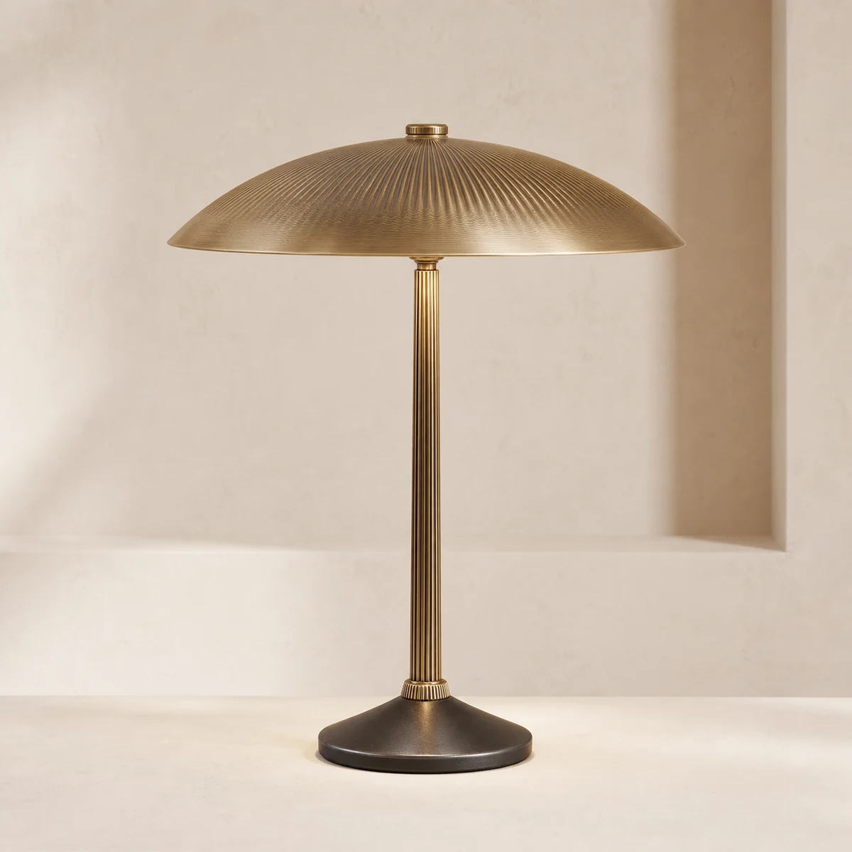 Ridge Lantern table lamp concept with a fine ribbed dome, slim stem, and dark flared base