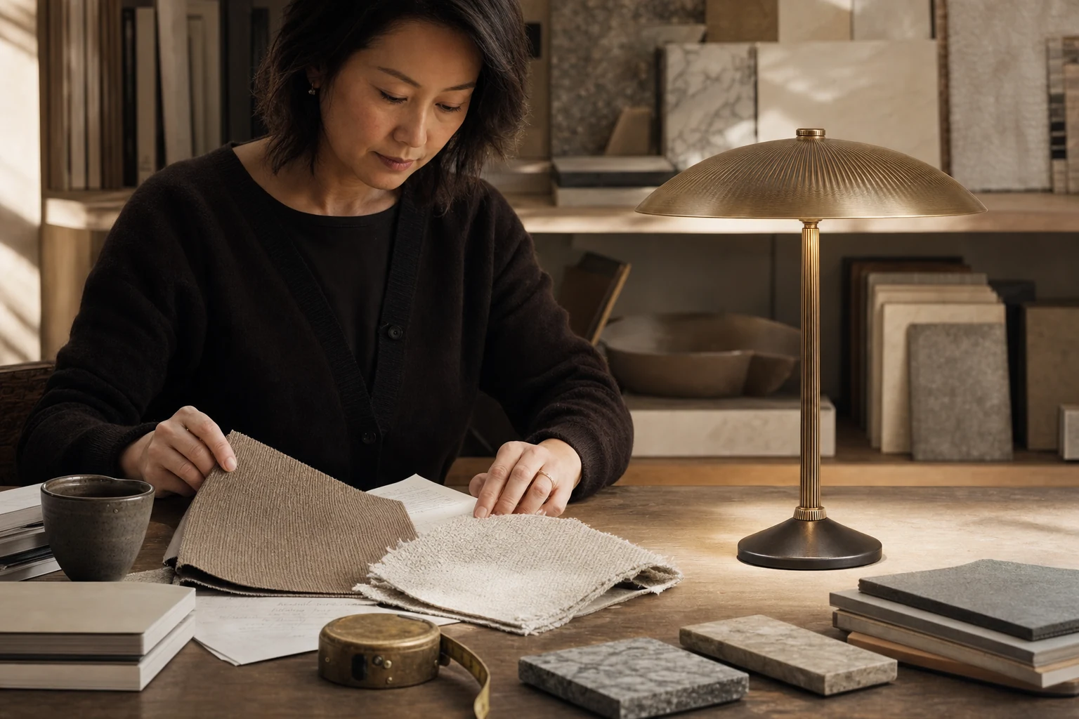 Interior designer reviewing fabric samples beside the illuminated Ridge Lantern ribbed brass table lamp