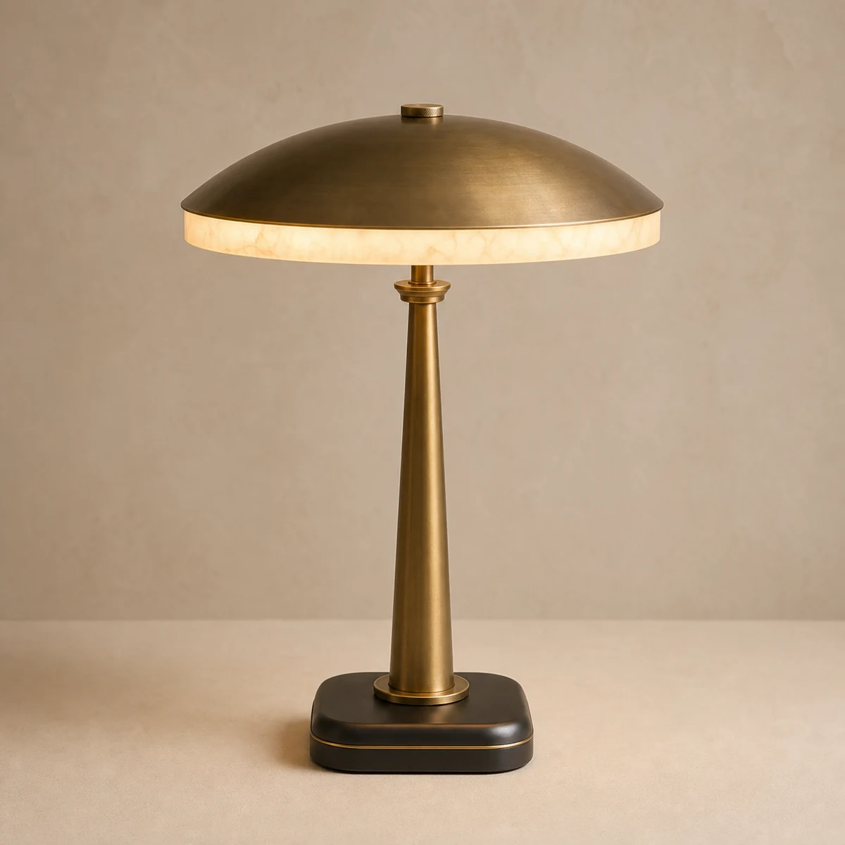 Alabaster Halo table lamp concept with a dark dome, luminous stone-like ring, brass stem, and stepped base