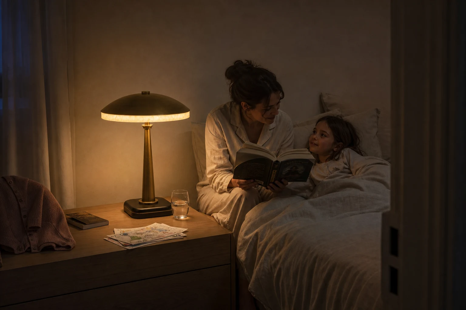 Parent reading to a child in bed beside the illuminated Alabaster Halo warm bedside table lamp