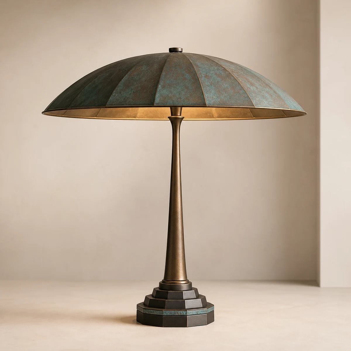 Verdigris Crown table lamp concept with a green patina canopy, brass stem, and stepped dark metal base