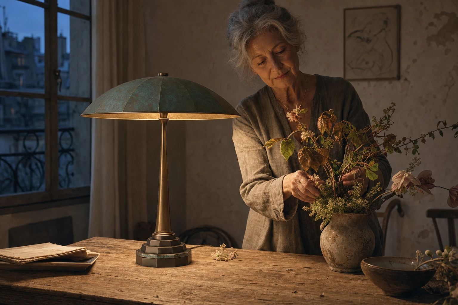 Mature artist arranging garden branches beside the illuminated Verdigris Crown patina table lamp at dusk