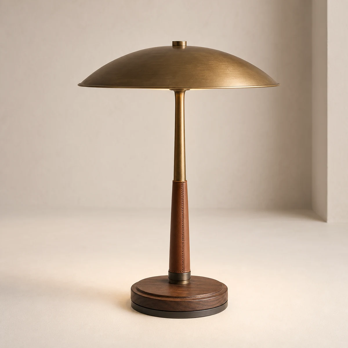 Saddle Collar table lamp concept with a brass dome, leather-wrapped stem, and dark walnut base
