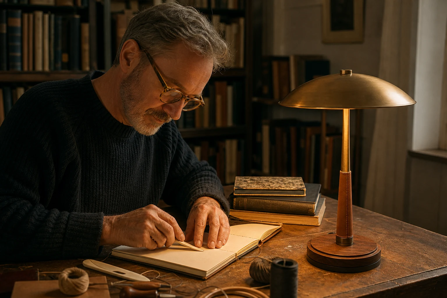 Bookbinder repairing a notebook beside the illuminated Saddle Collar leather brass and walnut table lamp