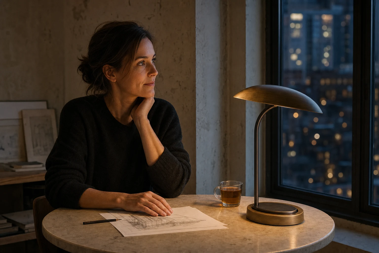 Woman architect pausing by a city window beside the illuminated Arc Canopy asymmetric table lamp