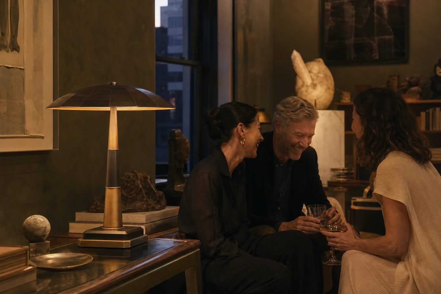 Three friends laughing after a gallery opening beside the illuminated Deco Totem statement table lamp