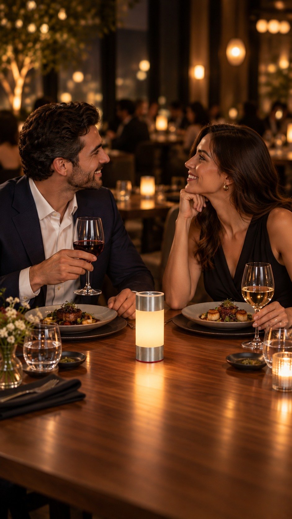 AI illustration of a couple dining with the warm glowing cylindrical flip lamp