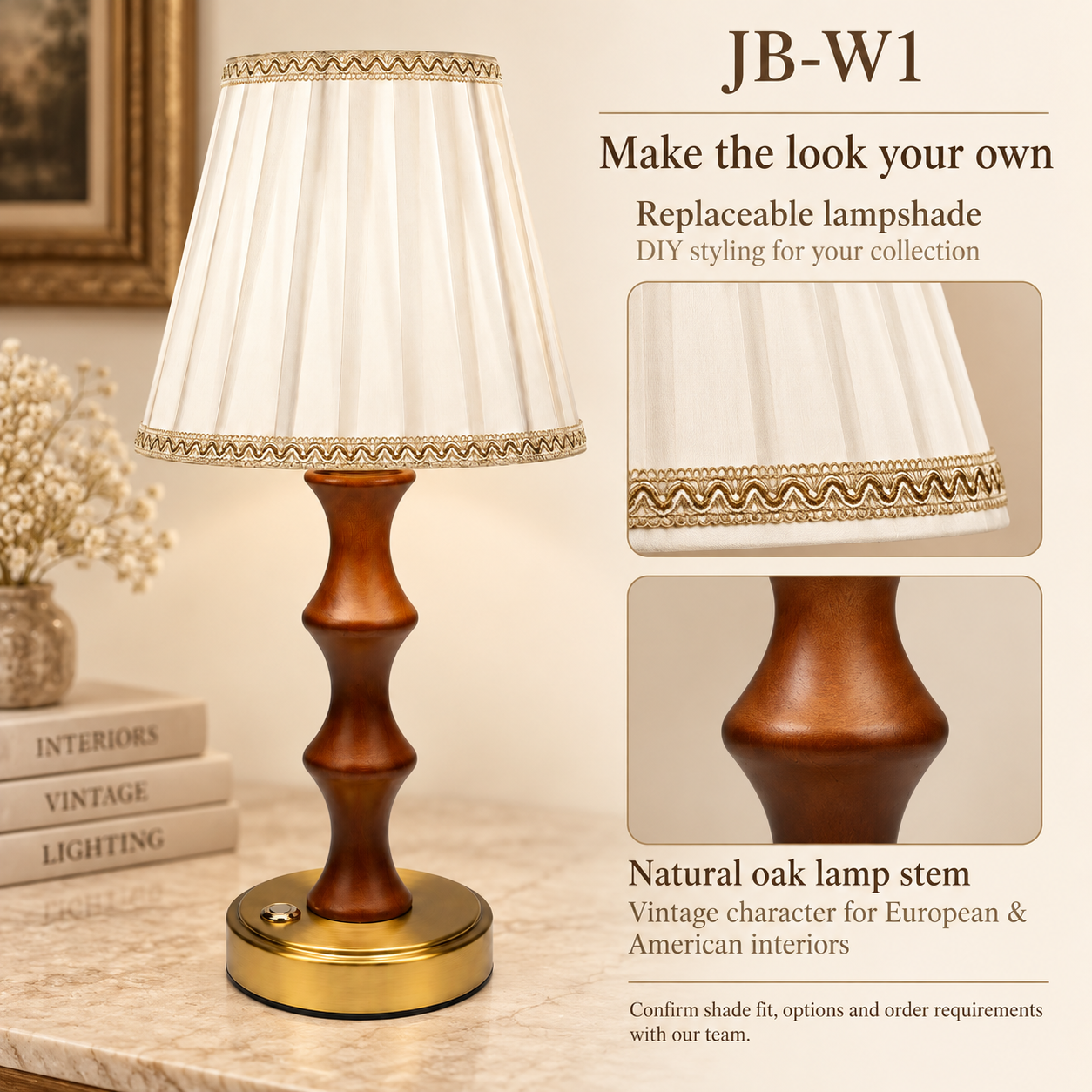 JB-W1 replaceable lampshade and natural oak stem for DIY vintage styling