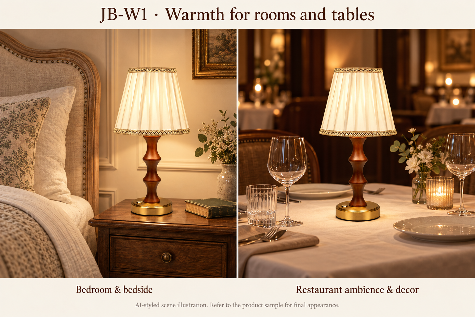 AI-styled JB-W1 bedroom bedside and restaurant table scenes
