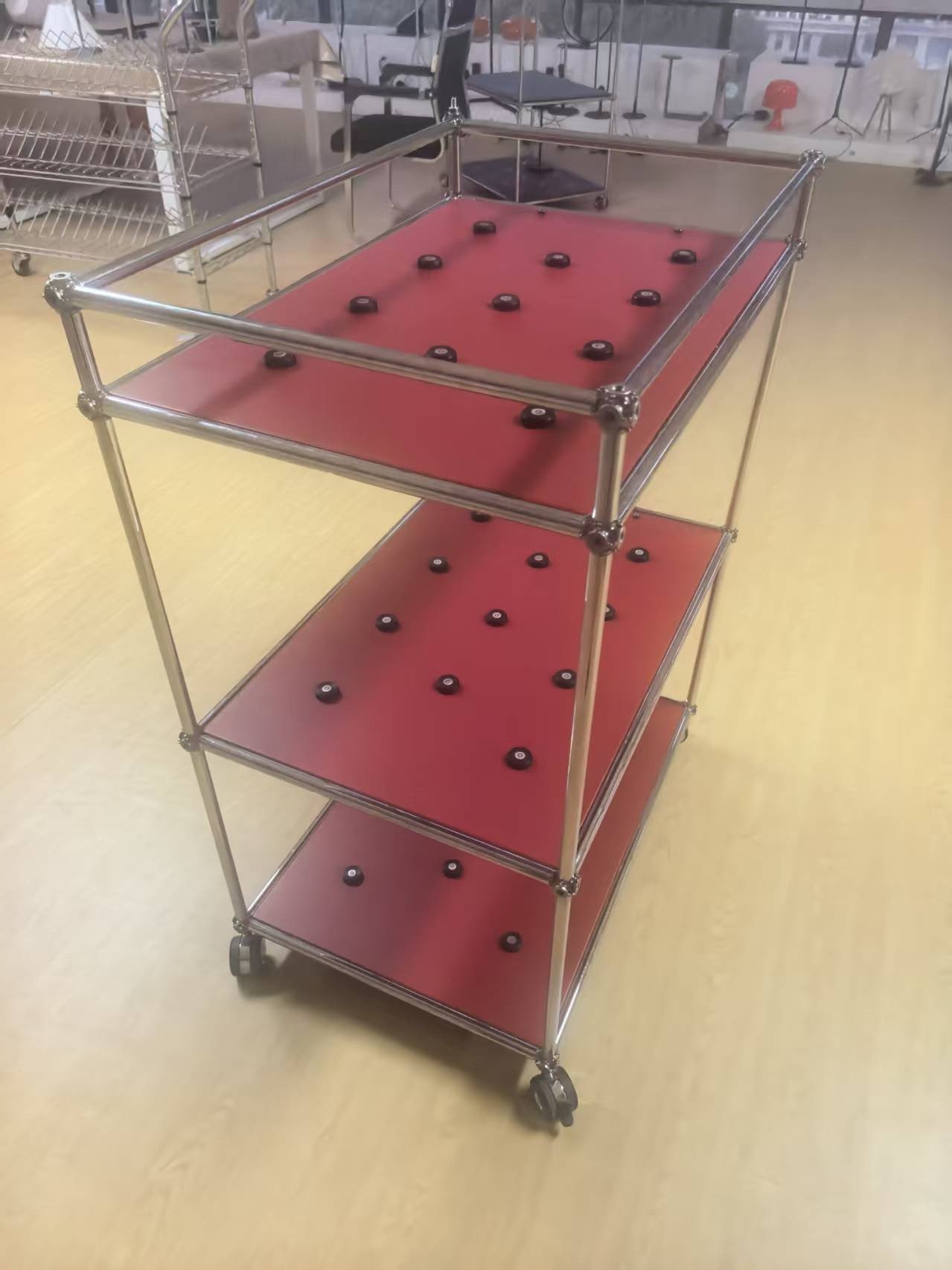 Actual JBTD-160 three-tier magnetic charging trolley with red shelves, metal frame and four casters