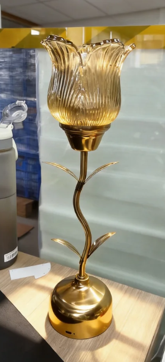 Actual narrow tulip shade lamp with gold-tone leaf stem