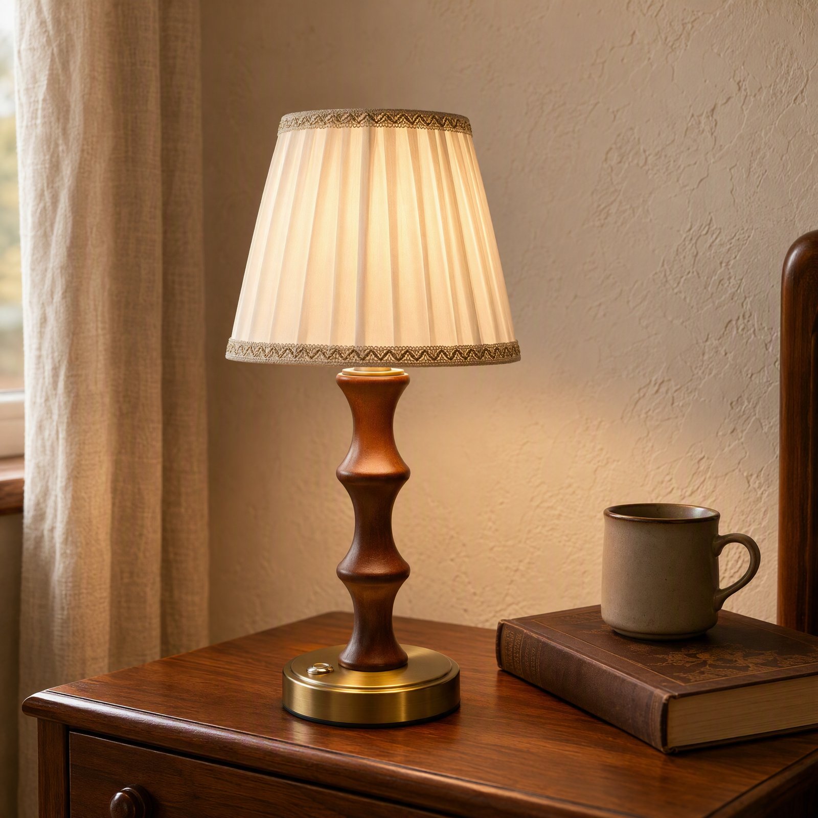 Wooden cordless lamp styled beside a book and cup