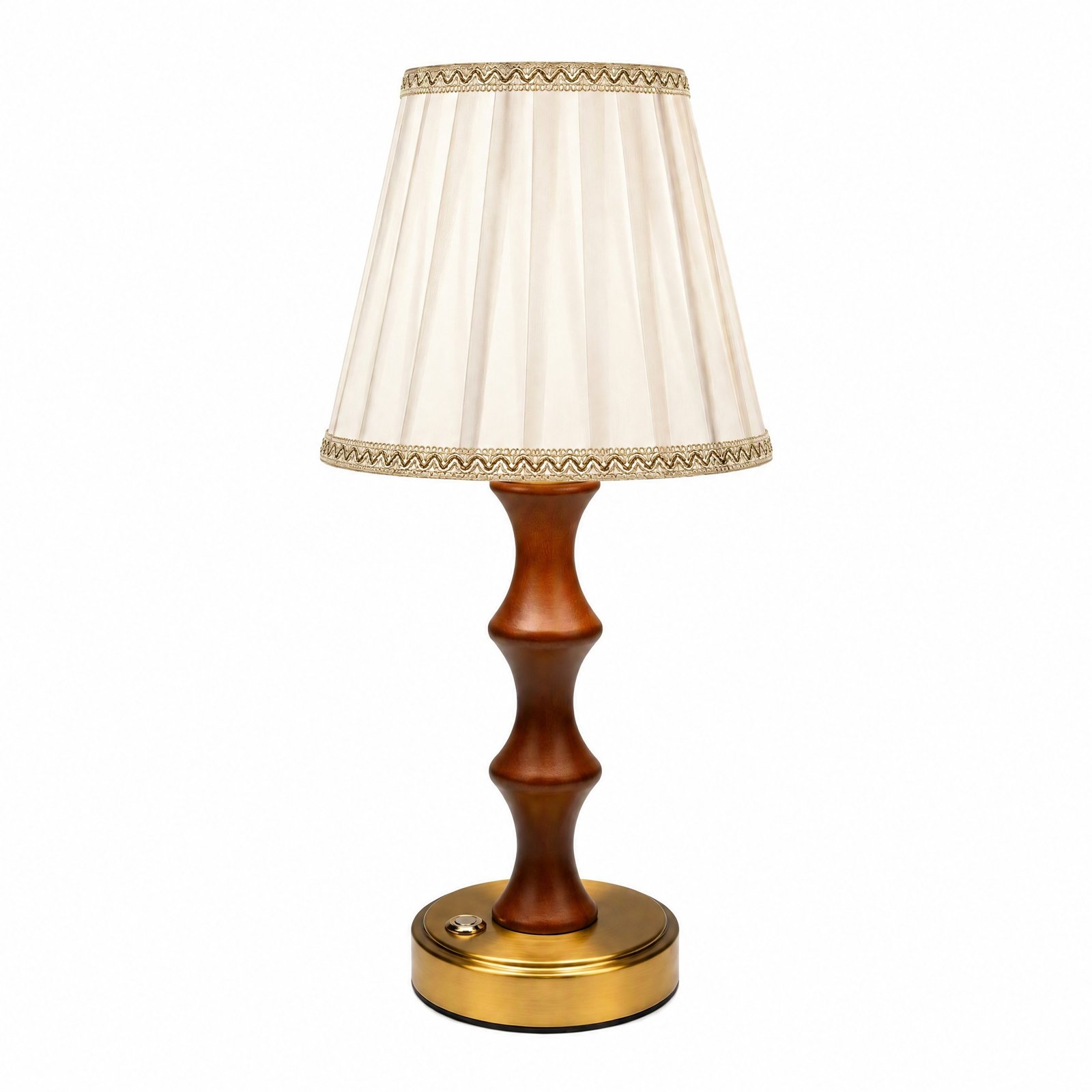 Wooden rechargeable table lamp with ivory pleated shade and gold-tone base