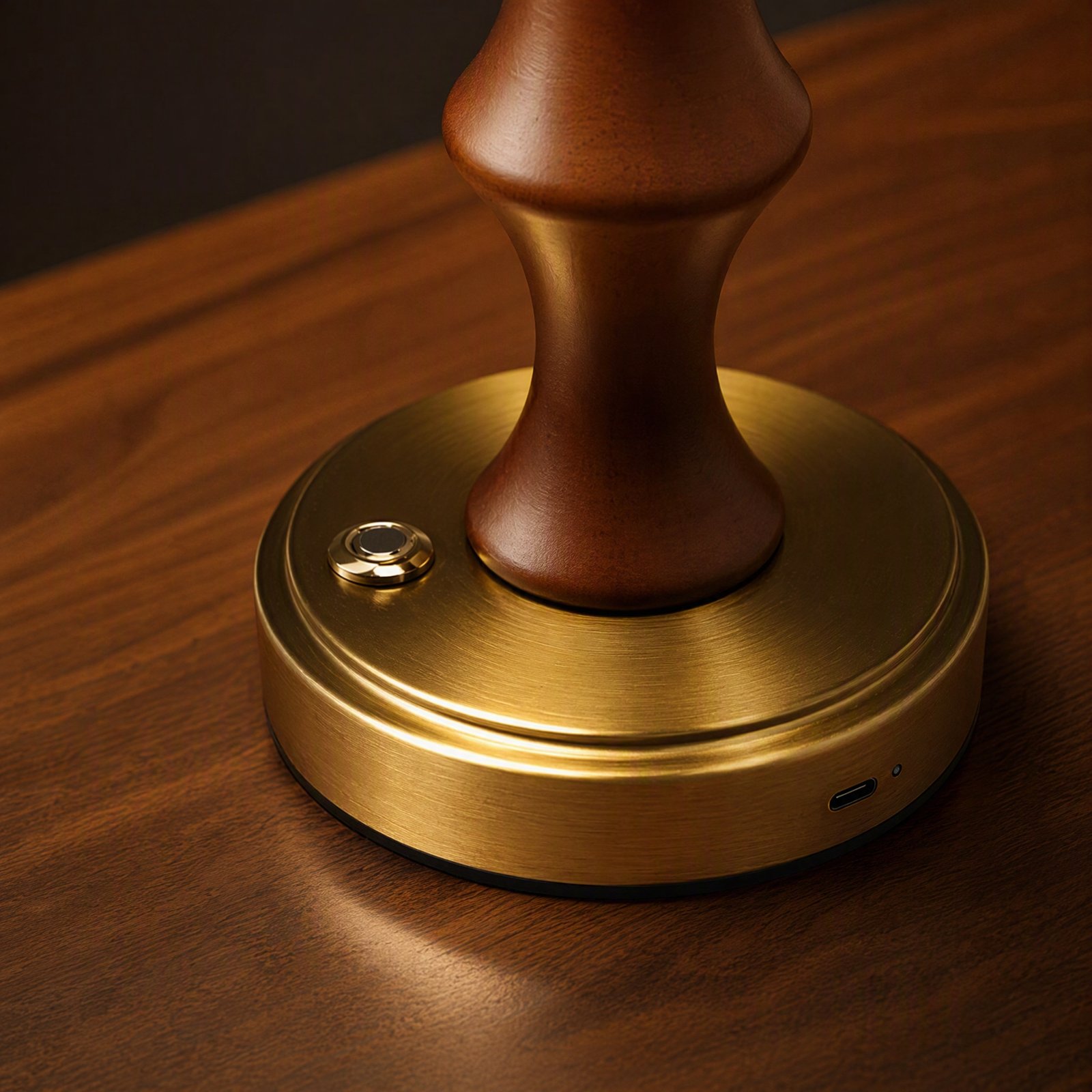 Gold-tone base showing touch button and Type-C charging port