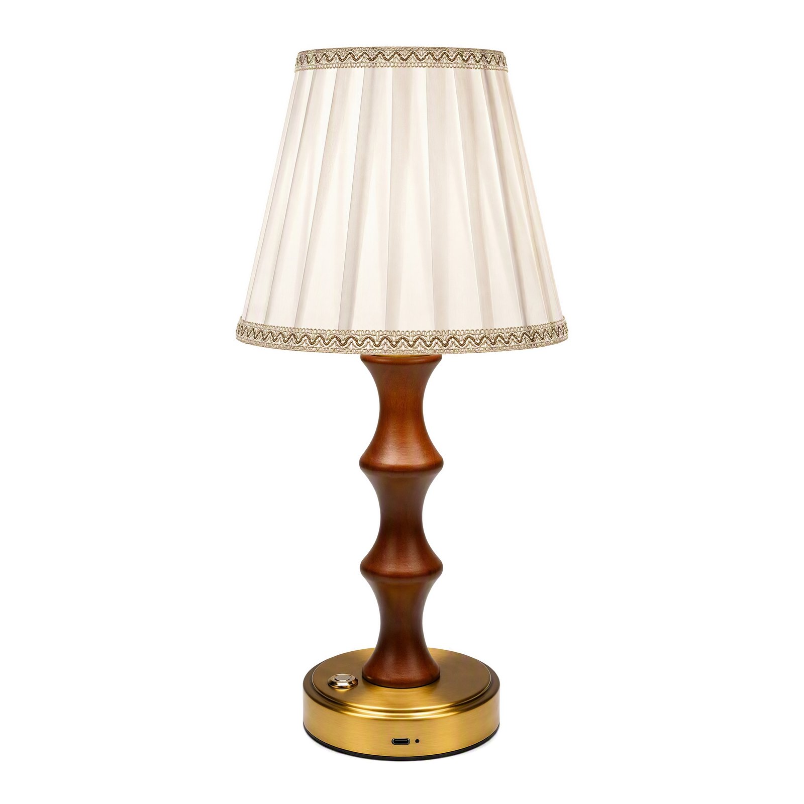 Front product view showing the wooden table lamp and charging port
