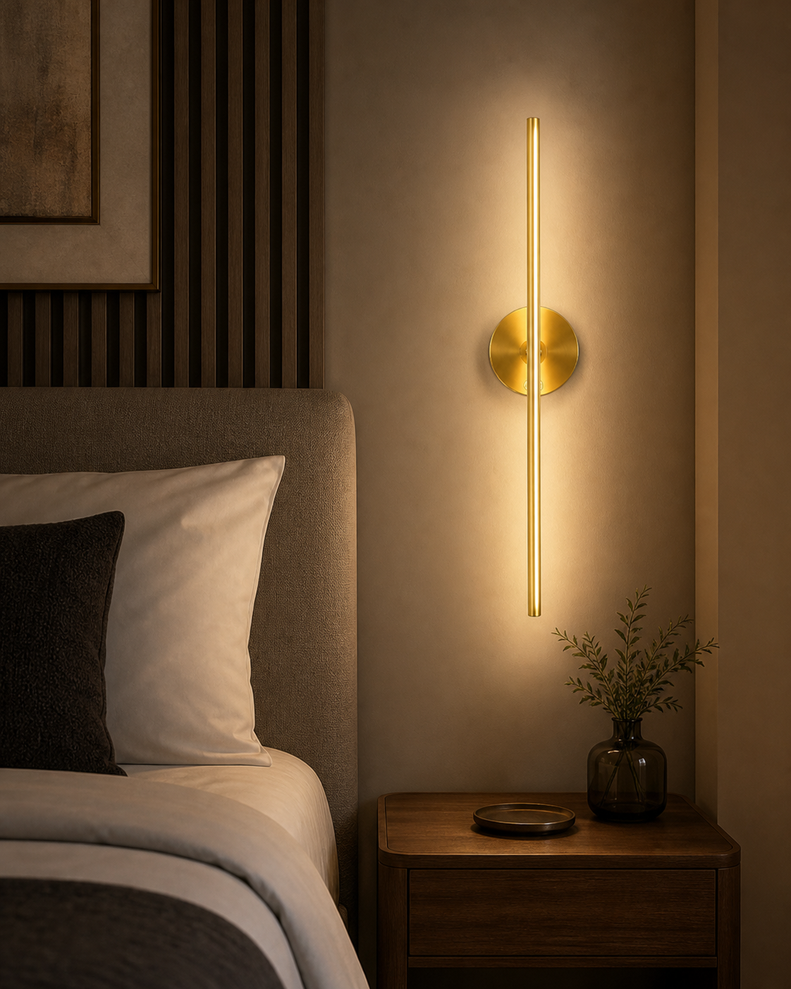 Gold cordless wall light installed beside a hotel bed